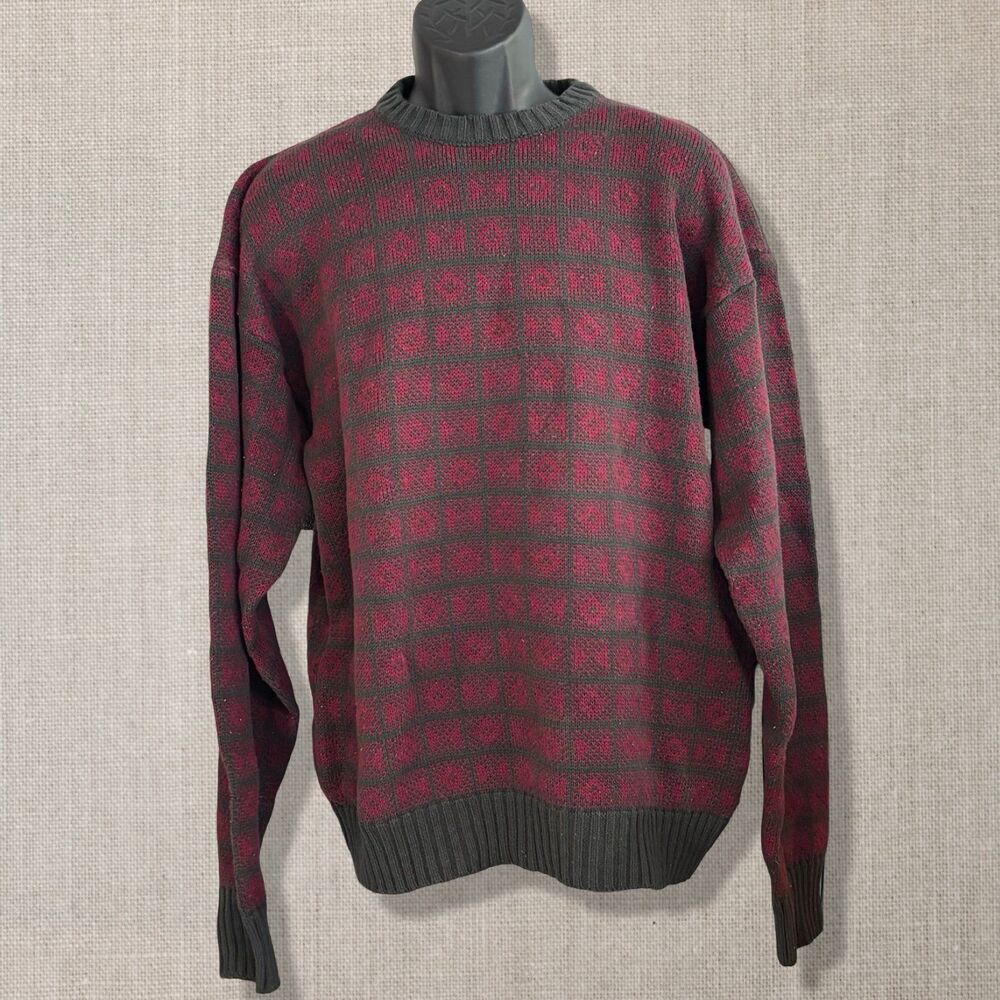 Vintage Wrangler Men’s Geometric Crewneck Sweater Gray Burgundy 90s USA Guam